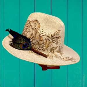 Hand burned floral detail hat